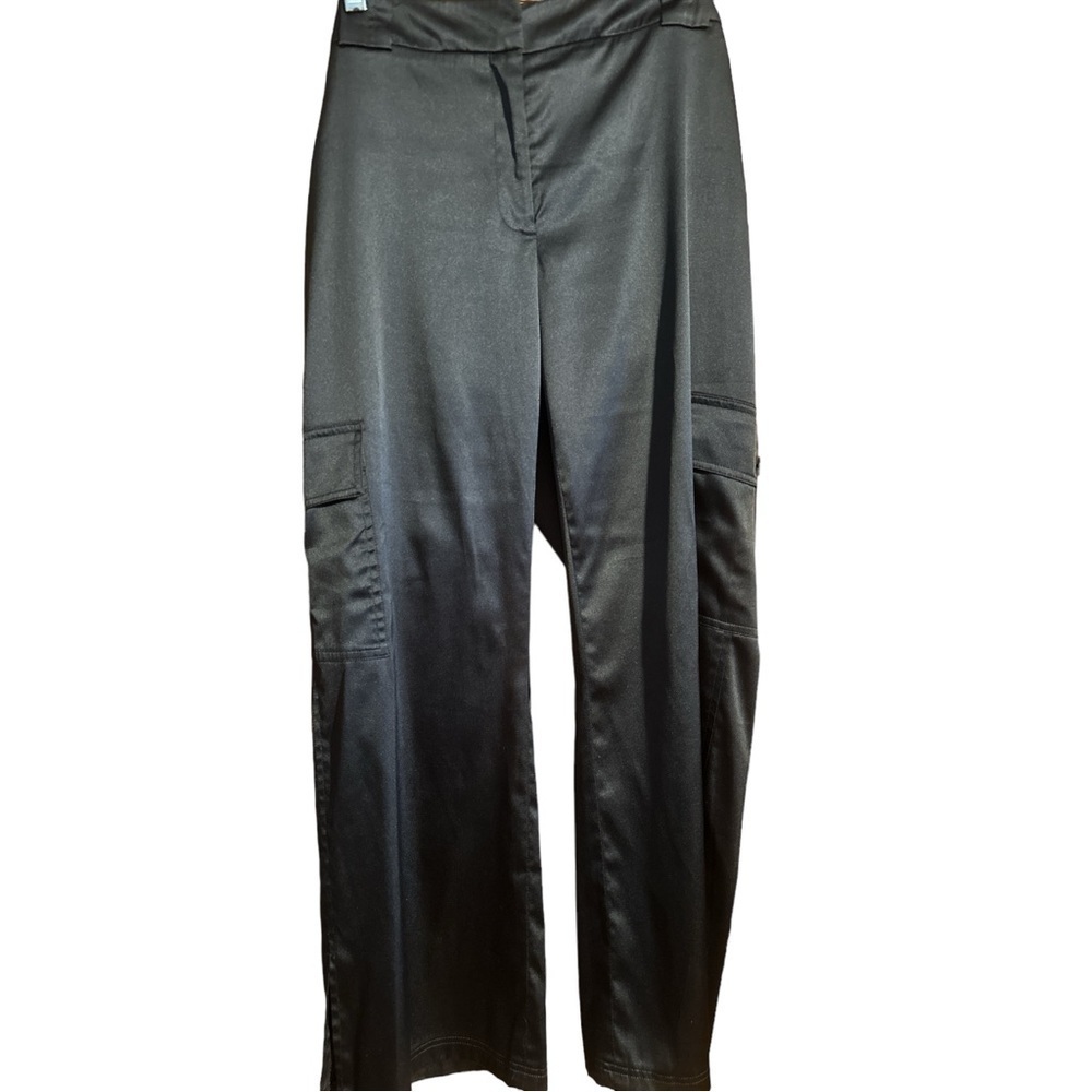 Apostrophe Black Shiny Satin Side Cargo Pocket Split Hem Stretch Pant - Picture 3 of 9